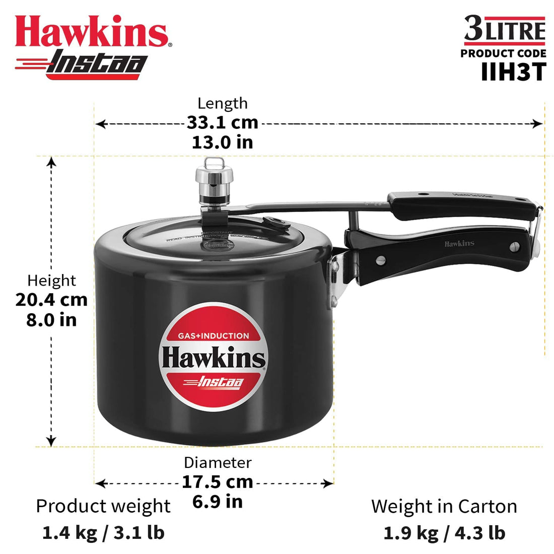 Hawkins Insta-Pressure Cooker, 3 Litres, Aluminium Non Stick, Black