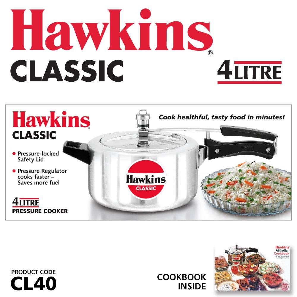 Hawkins (CL40) Classic Aluminium Pressure Cooker, 4 Litres, Silver