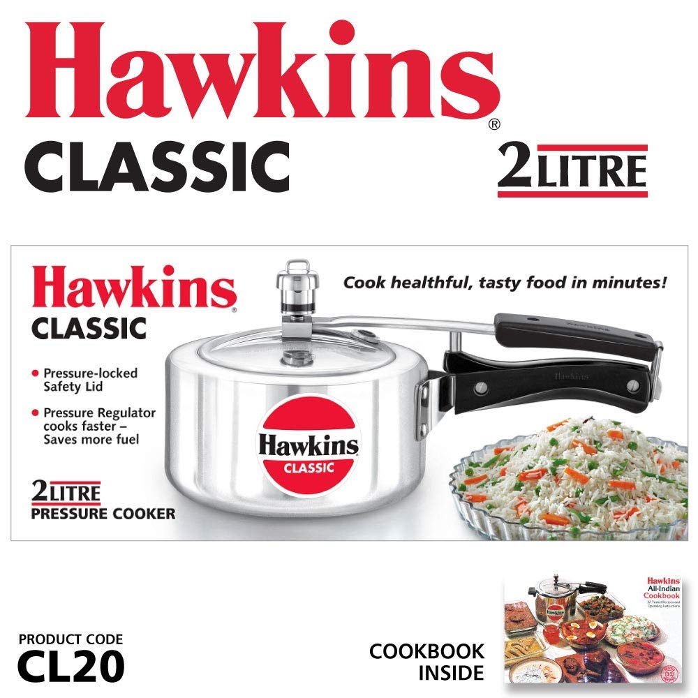 Hawkins Classic Mirror Polished Aluminium Pressure Cooker, 2 Litres, Silver (CL20)