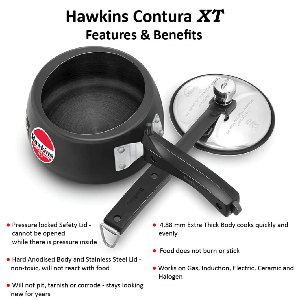 Hawkins Black XT Pressure Cooker, 1.5 Litres, Aluminium Anodised, Black