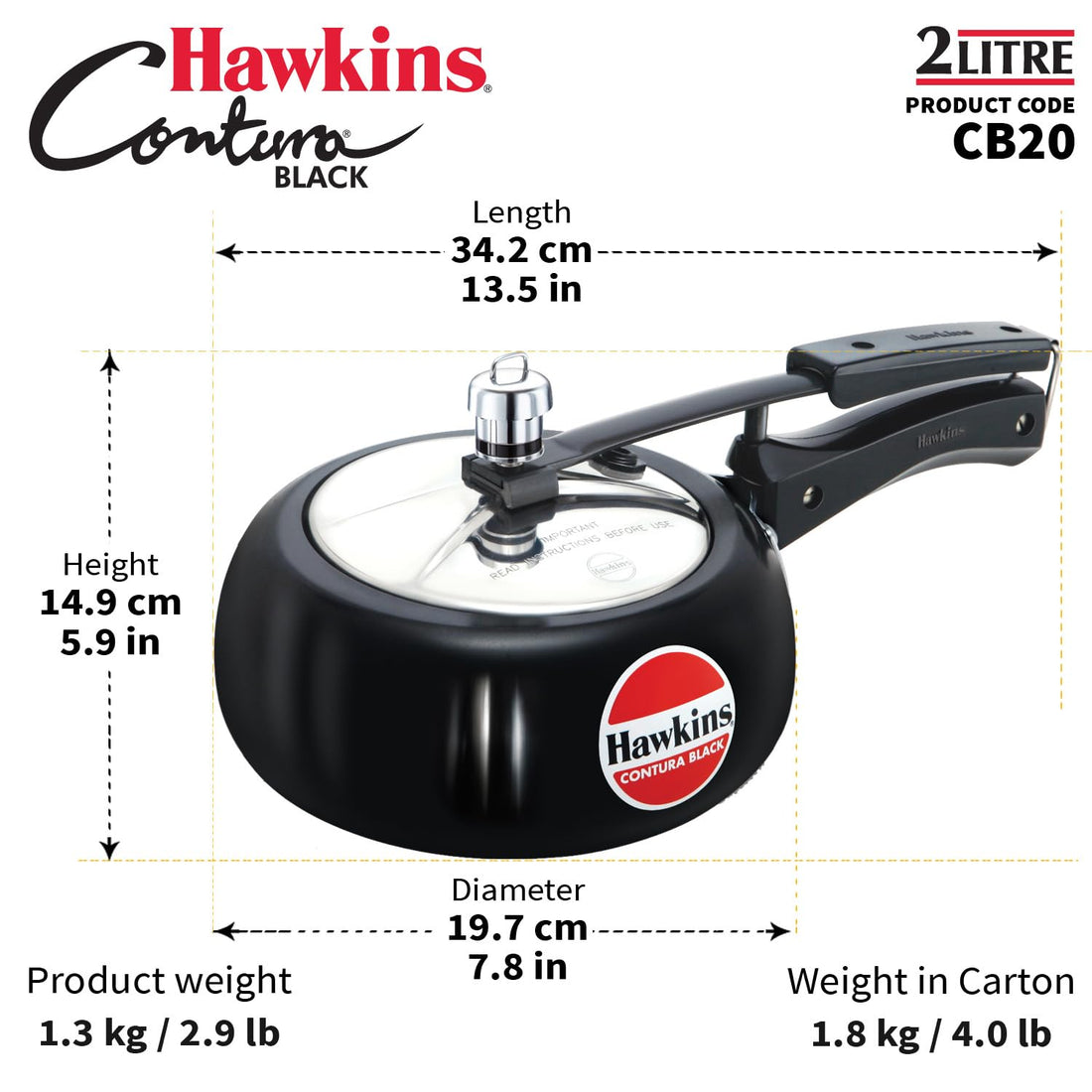 Hawkins Contura (CB20) Hard Anodised Aluminium Pressure Cooker, 2 Litres, Black