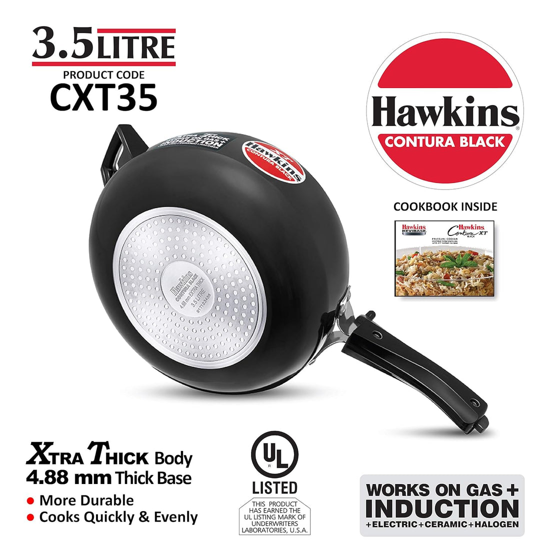 Hawkins Contura Black Pressure Cooker, (CXT35) 3.5 Litres, Aluminium Polished Finish, Induction Compatible