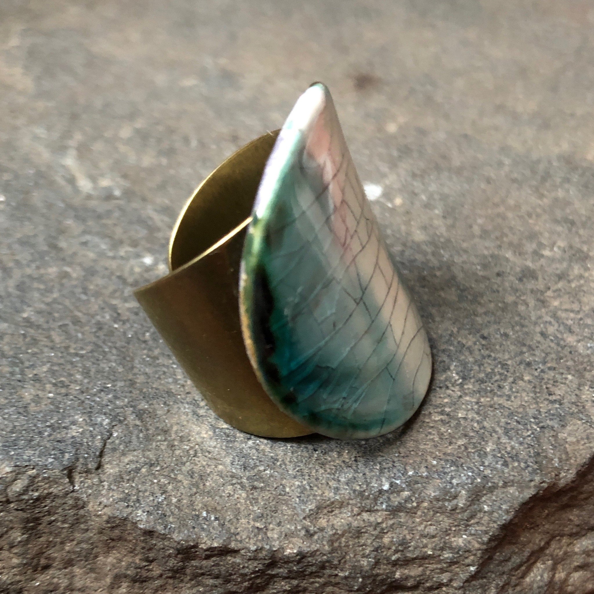 Adjustable Handmade Original Ceramic Band Statement Cocktail Ring Teal