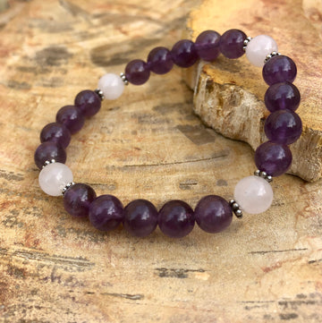 Amethyst and Rose Quartz Stretch Bracelet Natural Crystals