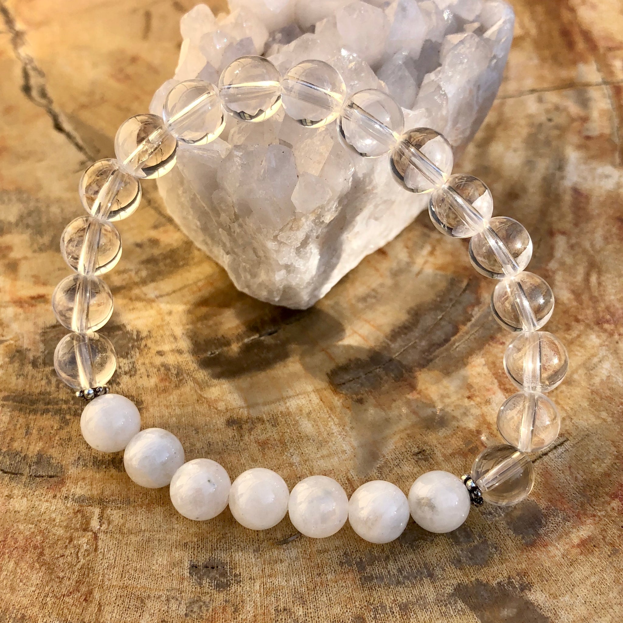 Rainbow Moonstone and Crystal Quartz Stretch Bracelet Genuine Crystals