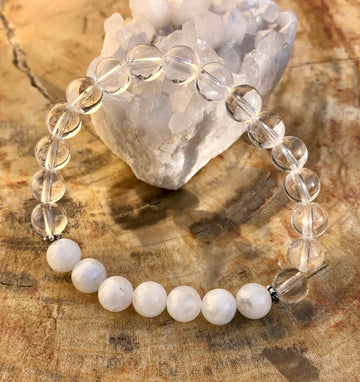 Rainbow Moonstone and Crystal Quartz Stretch Bracelet Genuine Crystals