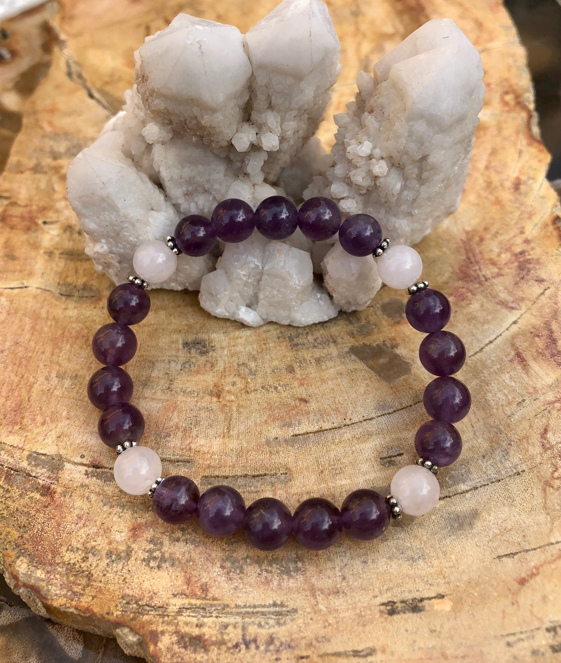 Amethyst and Rose Quartz Stretch Bracelet Natural Crystals