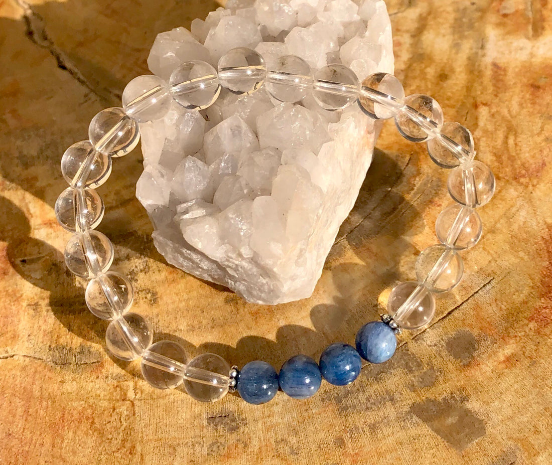 Blue Kyanite and Crystal Quartz Stretch Bracelet Genuine Stones