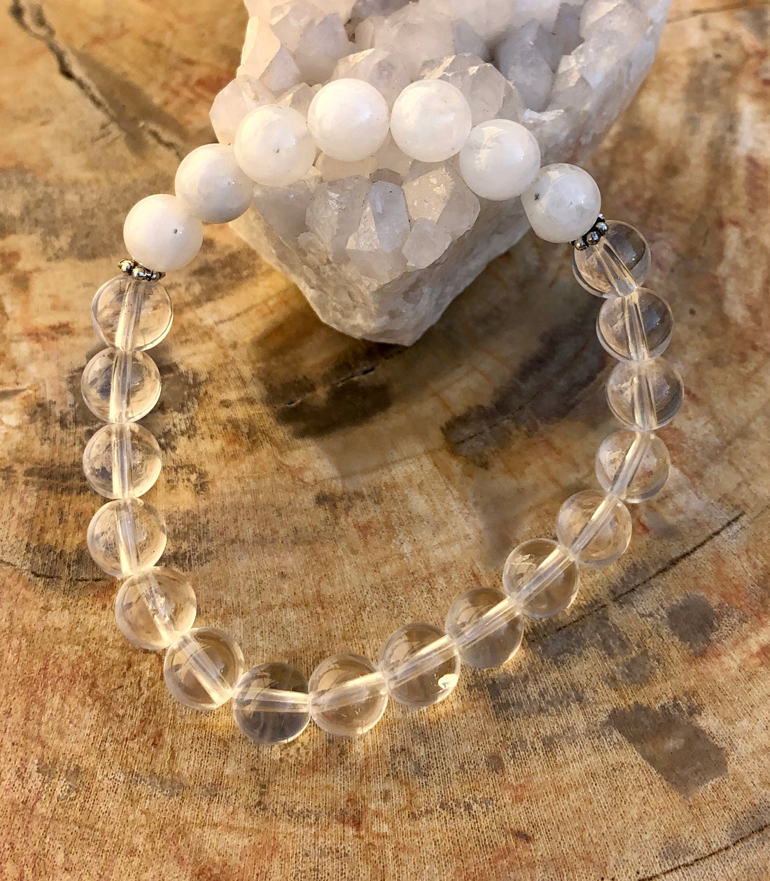 Rainbow Moonstone and Crystal Quartz Stretch Bracelet Genuine Crystals